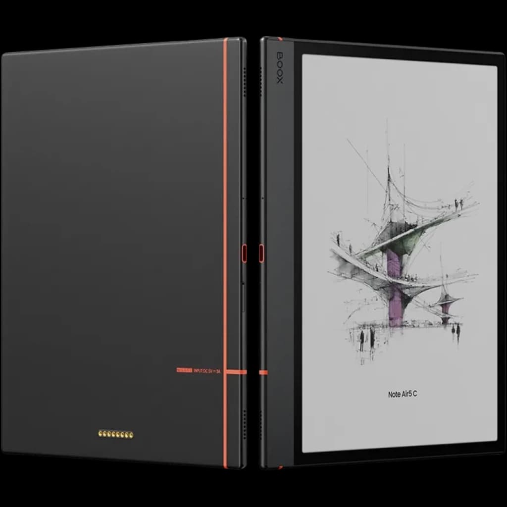 BOOX Note Air5 C 10.3 pol cinza com bordas finas e detalhe laranja, ecrã Kaleido 3 colorido, corpo fino, inclui caneta Stylus Pen3 acoplável