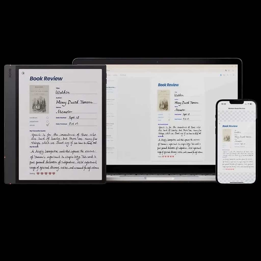 BOOX Note Air5 C 10,3 pol com ecrã Kaleido 3 colorido, corpo fino cinza, notas manuscritas visíveis e sincronização com portátil e smartphone; inclui