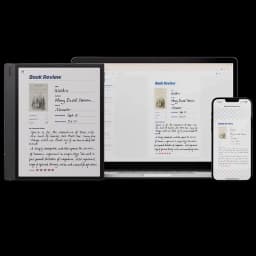 BOOX Note Air5 C 10,3 pol com ecrã Kaleido 3 colorido, corpo fino cinza, notas manuscritas visíveis e sincronização com portátil e smartphone; inclui