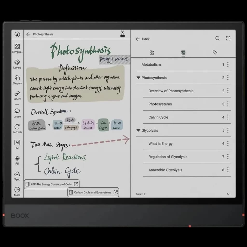 Tela 10,3 colorida Kaleido 3 com BSR, interface de anotações, menus laterais, contraste nítido, suporte a caneta Stylus Pen3, layout Android organizado