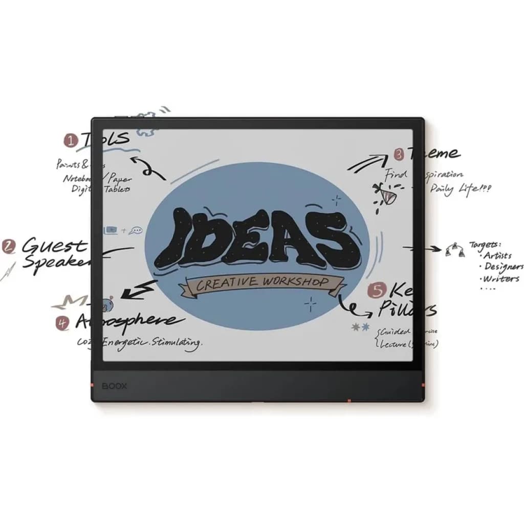 BOOX Note Air5 C 10.3 colorido com ecrã Kaleido 3 BSR, moldura preta fina, notas e desenhos visíveis em cores suaves; inclui caneta Stylus Pen3