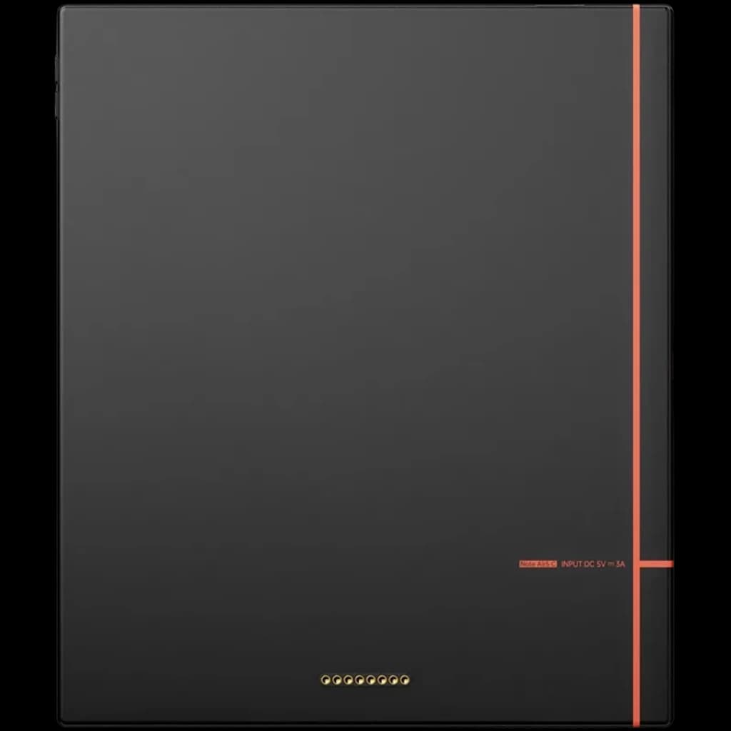 Traseira do BOOX Note Air5 C em cinza escuro com faixa laranja vertical, logotipo discreto e conectores dourados magnéticos na borda inferior