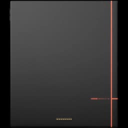Traseira do BOOX Note Air5 C em cinza escuro com faixa laranja vertical, logotipo discreto e conectores dourados magnéticos na borda inferior