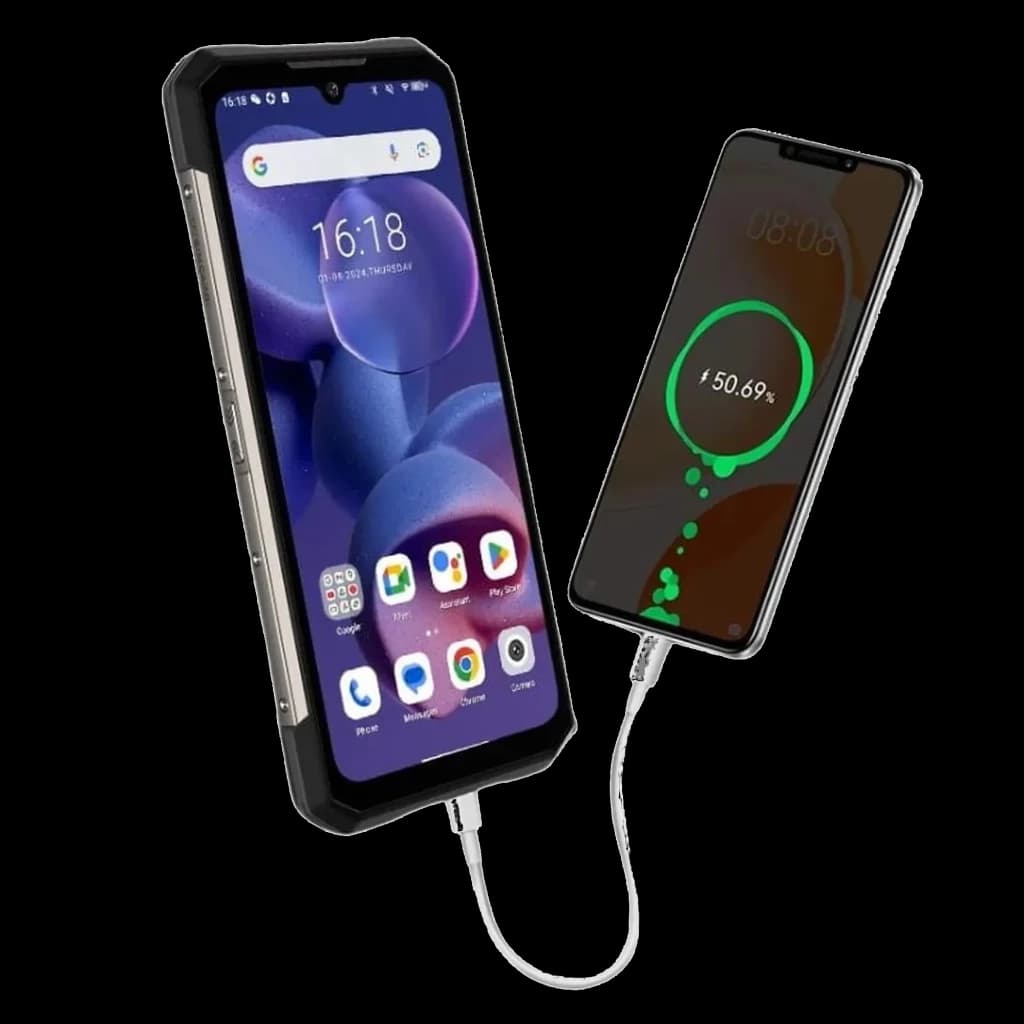Doogee S200 12GB/256GB VIP version Rugged Plata con cuerpo robusto plateado, pantalla notch, bordes reforzados y carga inversa por cable a otro móvil