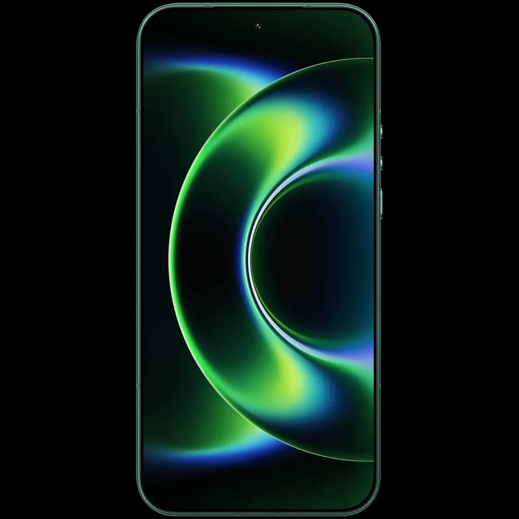 Xiaomi 17 Ultra Starlit Green com painel OLED 6,9, moldura fina verde e tela curva com grafismos verdes e azuis brilhantes, design premium elegante