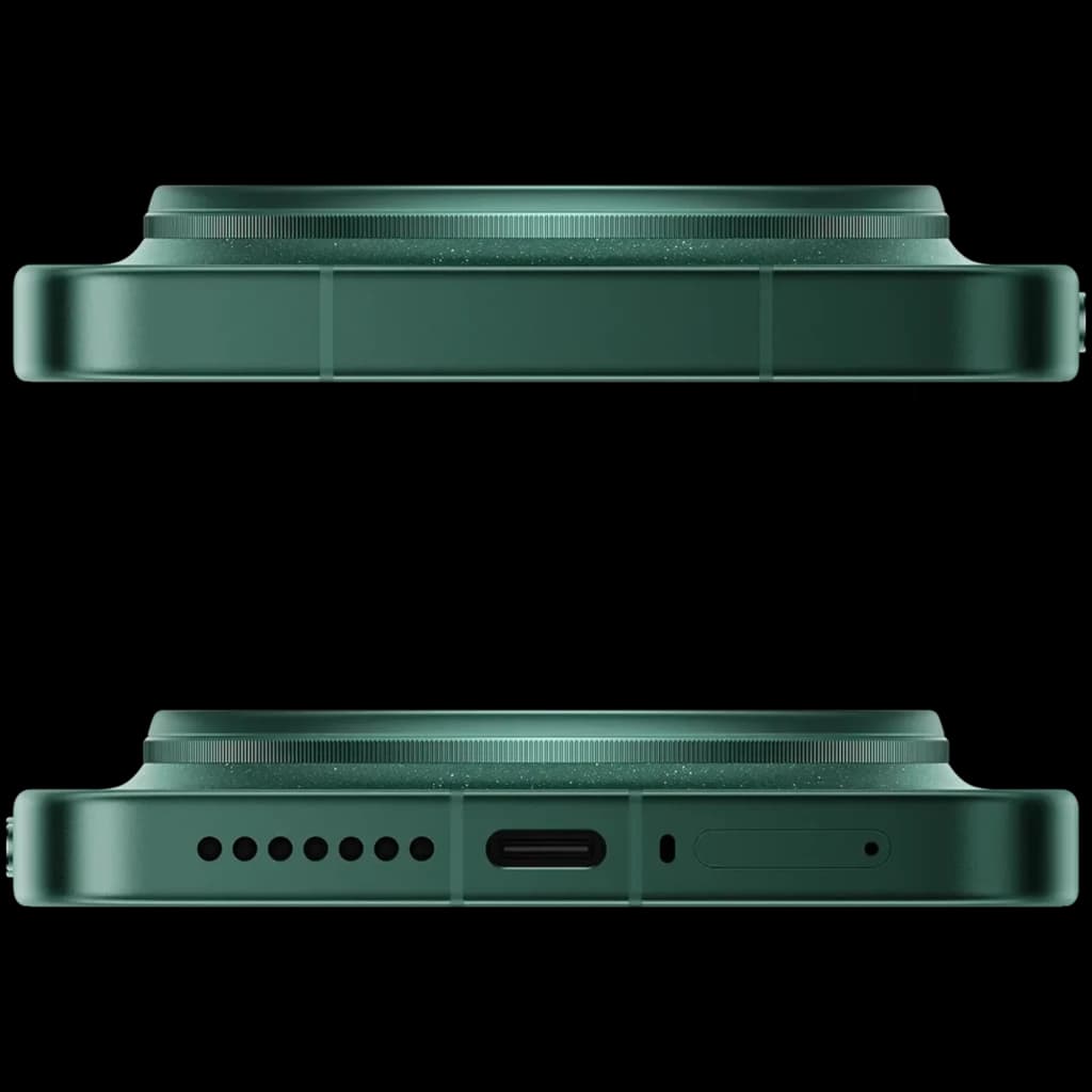 Xiaomi 17 Ultra Starlit Green com módulo de câmera Leica saliente, bordas retas em alumínio, porta USB-C central, grelha de alto-falante e bandeja SIM