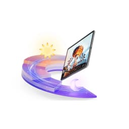 Tablette Lenovo Idea Tab Plus 12,1 pouces affichage bord à bord, fine bordure noire, icônes soleil et lune évoquant usage jour et nuit, 256 Go 8 Go RAM IA
