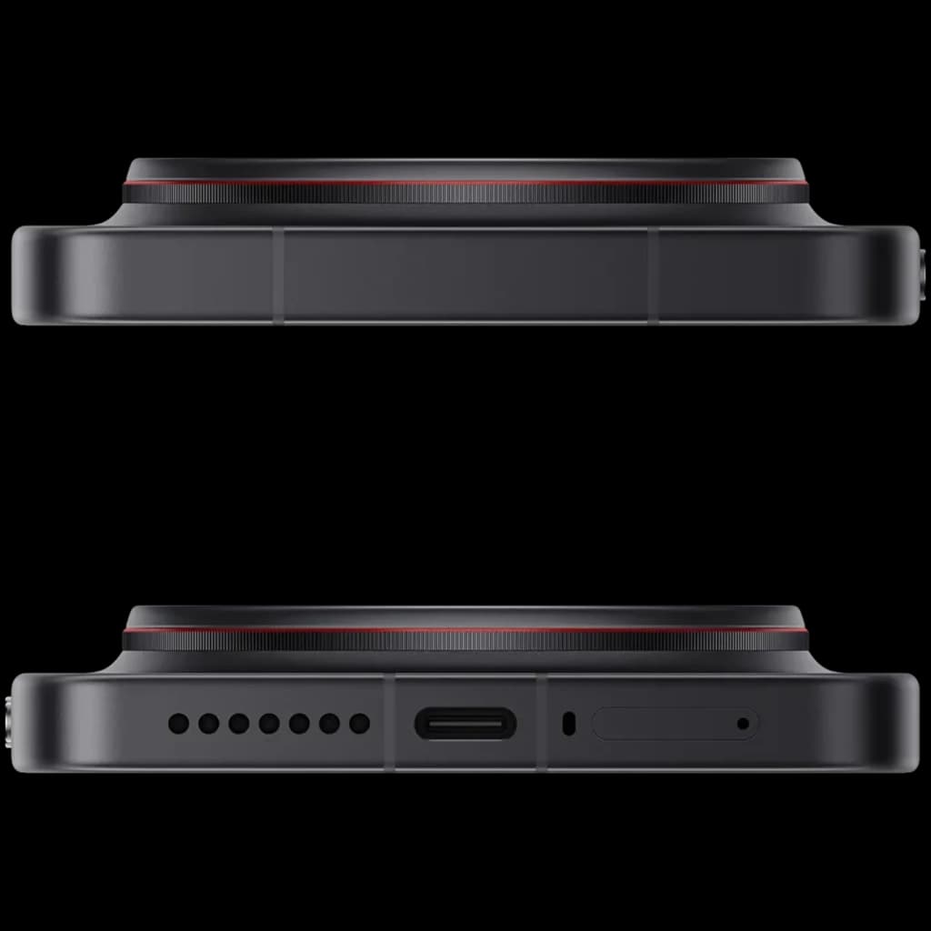 Xiaomi 17 Ultra preto com módulo de câmera elevado com aro vermelho, corpo metálico, USB-C central, grelha de alto-falante e bandeja SIM inferiores