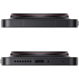 Xiaomi 17 Ultra preto com módulo de câmera elevado com aro vermelho, corpo metálico, USB-C central, grelha de alto-falante e bandeja SIM inferiores