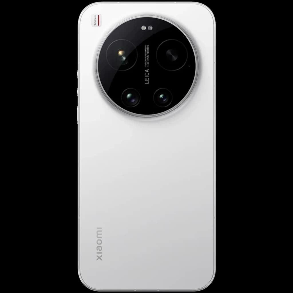 Traseira branca elegante com módulo de câmera circular Leica triplo em preto, lente grande destacada. Acabamento premium do Xiaomi 17 Ultra 512 GB