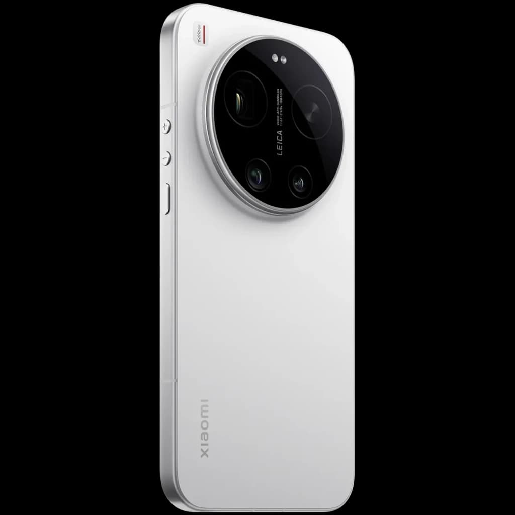 Smartphone branco com módulo de câmera circular Leica em destaque, bordas retas em alumínio, laterais com botões e acabamento fosco elegante