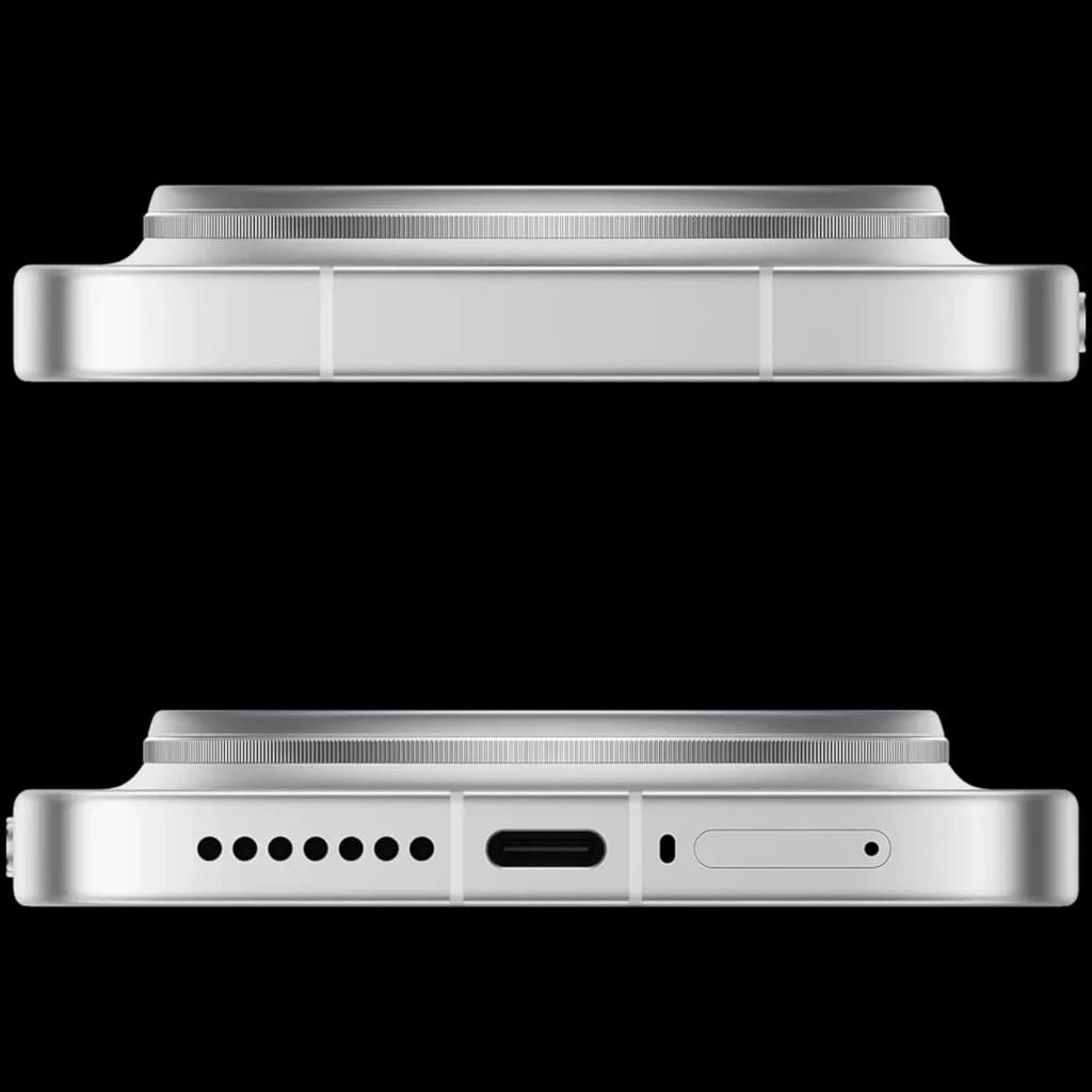 Xiaomi 17 Ultra branco com laterais metálicas planas, módulo de câmera saliente, porta USB-C central, grelha de alto-falante e bandeja SIM alinhadas