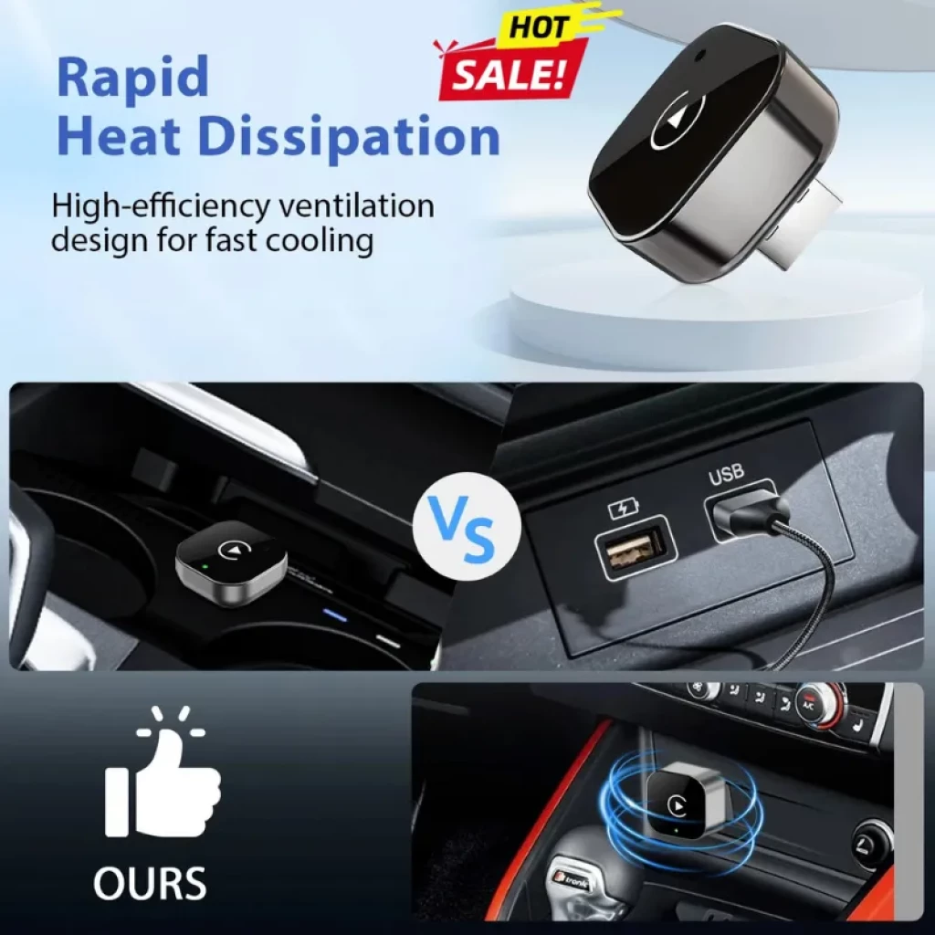 Pionray 2026 Adaptador sem fios Carplay e Android Auto, módulo compacto preto com bordas metálicas, ícone central branco e luz LED indicadora - Item2