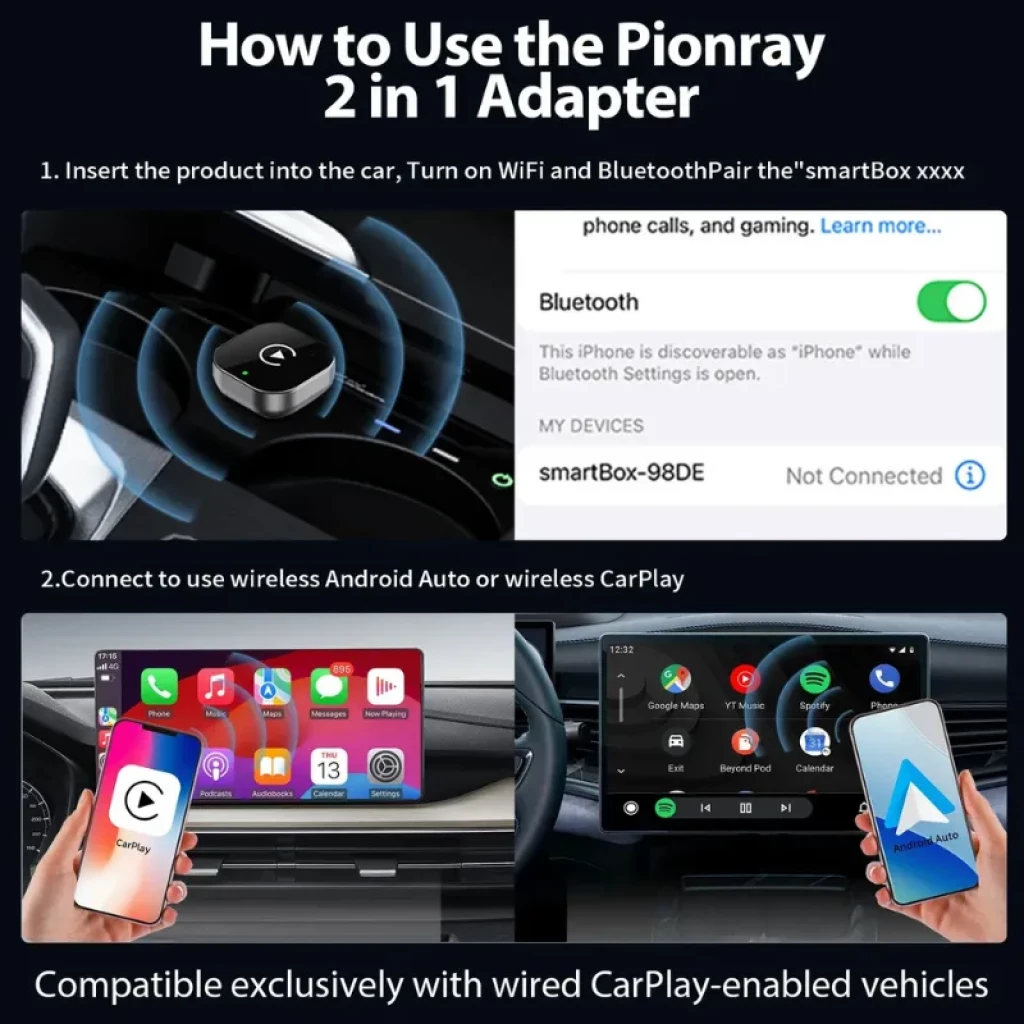 Pionray 2026 Adaptador sem fios Carplay e Android Auto, módulo compacto preto com bordas metálicas, ícone central branco e luz LED indicadora - Item3