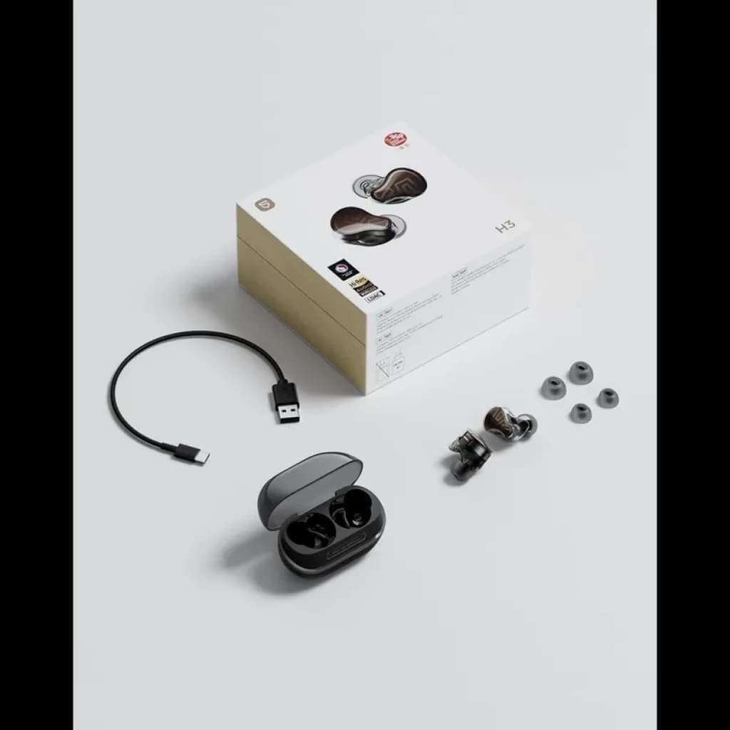 SoundPEATS H3 TWS Titanium Black: estuche de carga negro mate, auriculares intrauditivos brillantes, cable USB-C corto y juegos de almohadillas de silicona