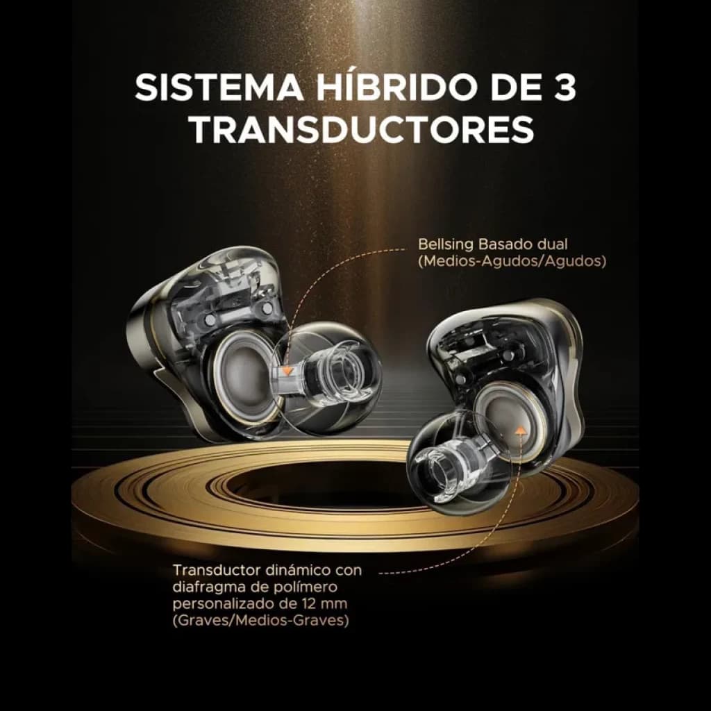 SoundPEATS H3 TWS Titanium Black con carcasa transparente, sistema híbrido de 3 transductores, drivers duales Belling y dinámico de 12 mm visible