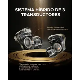 SoundPEATS H3 TWS Titanium Black con carcasa transparente, sistema híbrido de 3 transductores, drivers duales Belling y dinámico de 12 mm visible