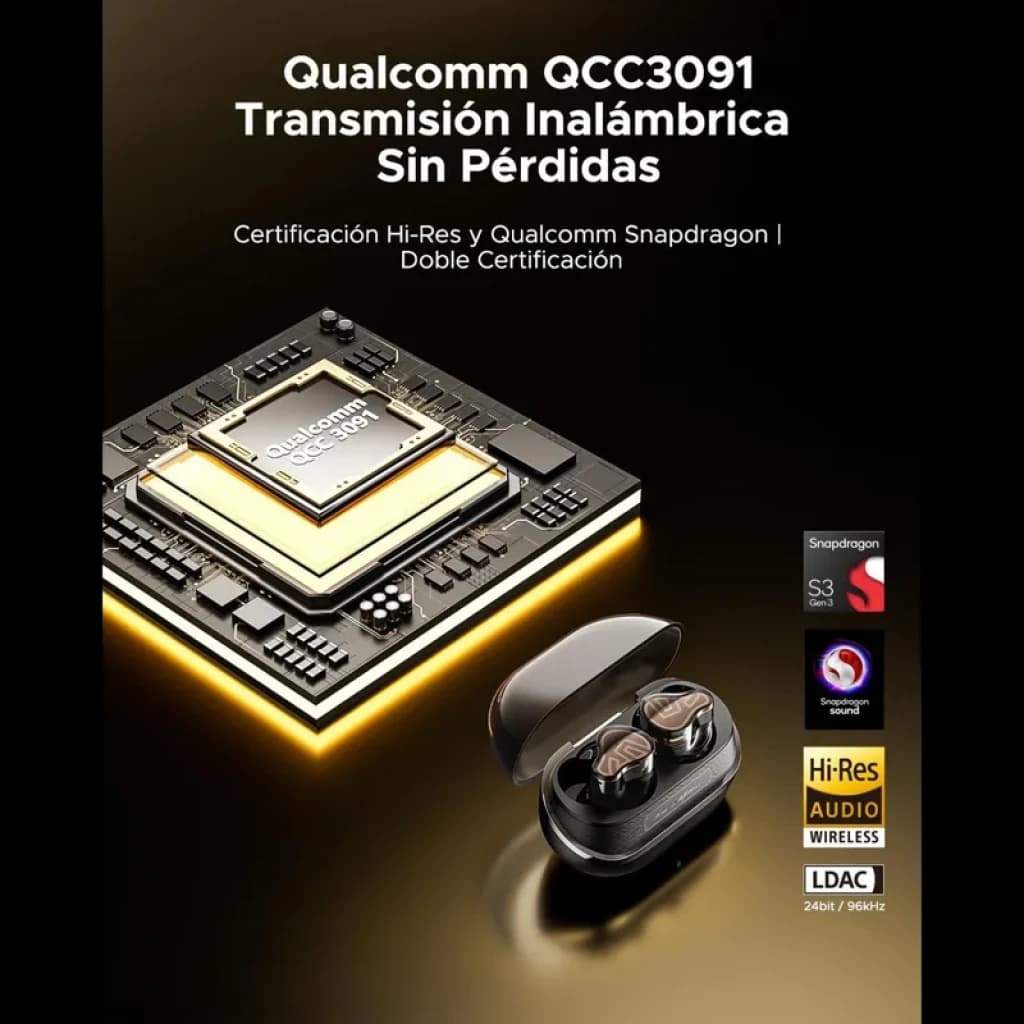 SoundPEATS H3 TWS Titanium Black con estuche de carga; chip Qualcomm QCC3091, audio Hi-Res y LDAC, diseño negro elegante con luces LED y puntas intrauditivas