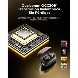 SoundPEATS H3 TWS Titanium Black con estuche de carga; chip Qualcomm QCC3091, audio Hi-Res y LDAC, diseño negro elegante con luces LED y puntas intrauditivas
