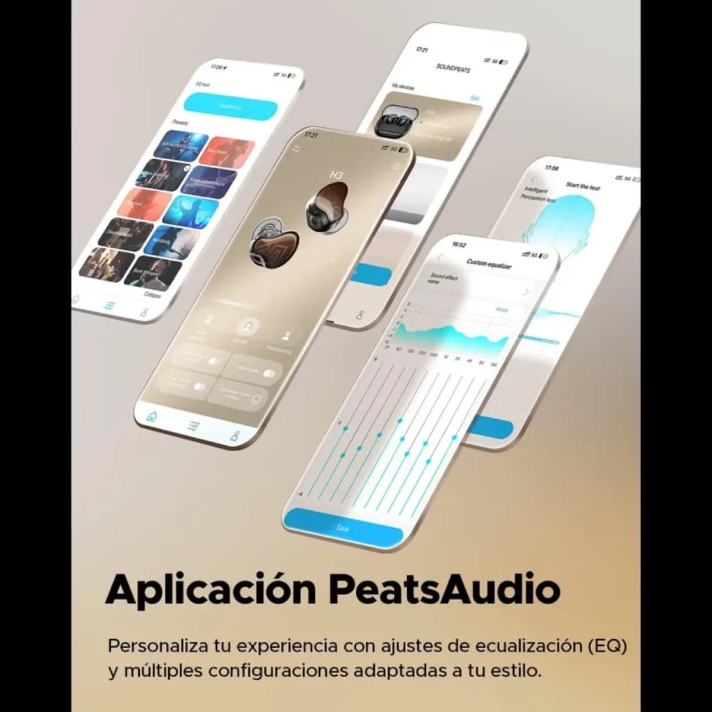 SoundPEATS H3 TWS Titanium Black con app PeatsAudio: ecualizador gráfico, presets, control táctil y paneles claros en móviles para personalizar el sonido
