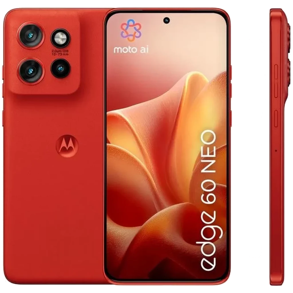 Smartphone rouge Poinciana avec écran 6,36 pouces bord à bord, module triple caméra arrière proéminent, poinçon centré et finition mate élégante - Ítem1