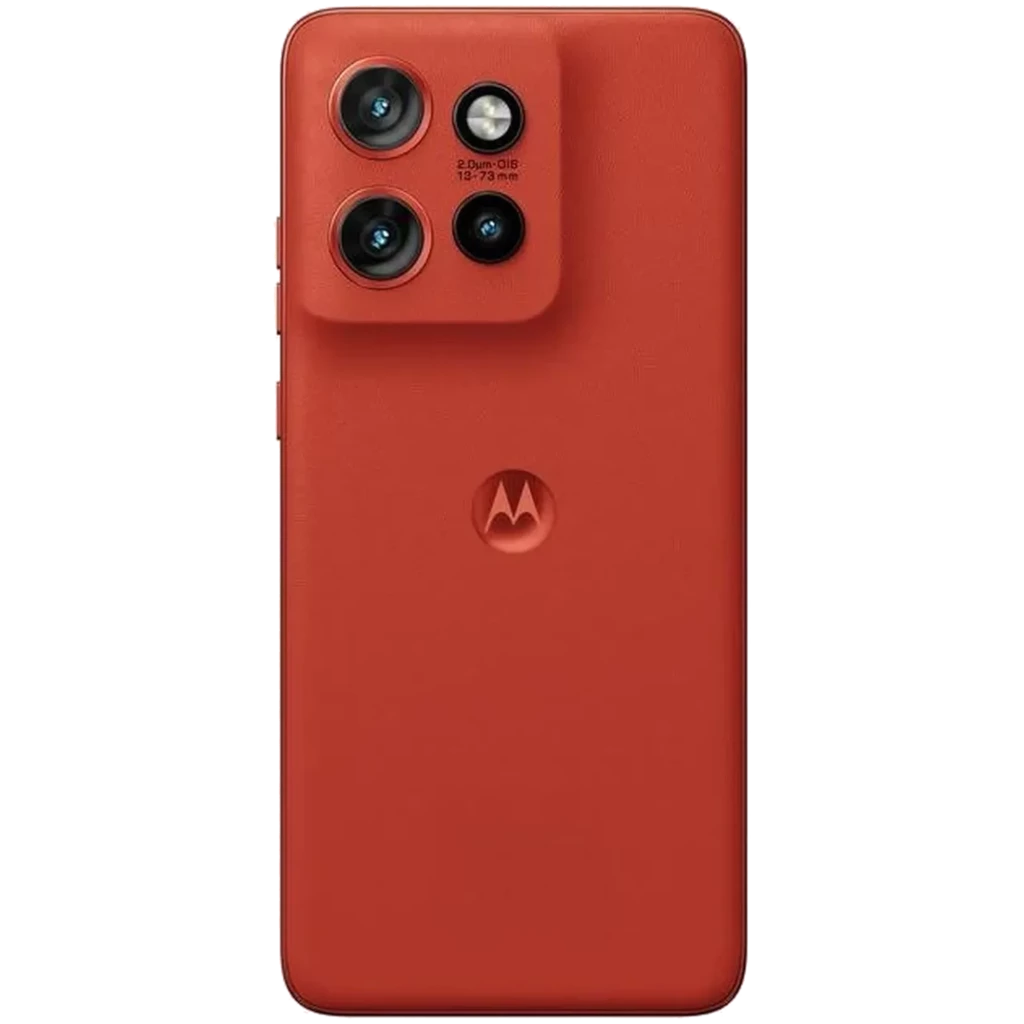 Smartphone rouge Poinciana avec écran 6,36 pouces bord à bord, module triple caméra arrière proéminent, poinçon centré et finition mate élégante - Ítem3