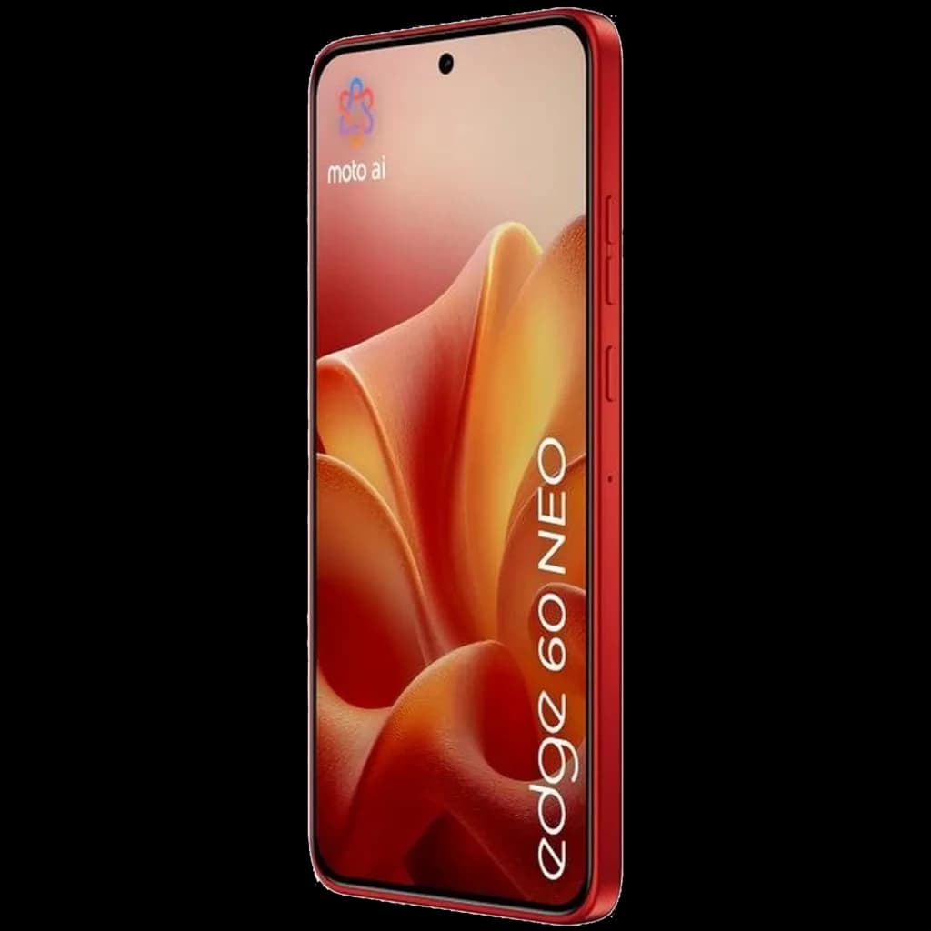 Smartphone rojo Motorola Edge 60 Neo 5G con pantalla de 6.36 pulgadas, bordes curvos, cámara frontal en orificio central y botones laterales visibles