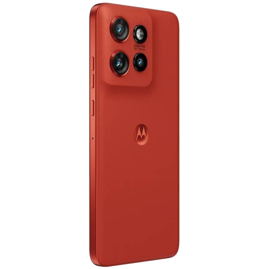 Smartphone rouge Poinciana avec écran 6,36 pouces bord à bord, module triple caméra arrière proéminent, poinçon centré et finition mate élégante - Ítem7