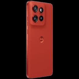 Motorola Edge 60 Neo 5G Poinciana en rojo mate con módulo de triple cámara trasera elevado y bordes curvos; diseño delgado y botones laterales