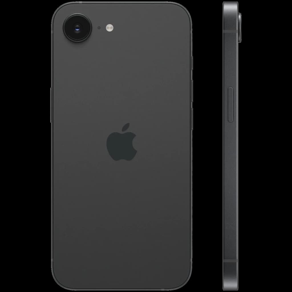 iPhone 17e negro con cuerpo de aluminio, bordes planos, cámara trasera única con flash, logo Apple centrado y perfil delgado con botones laterales