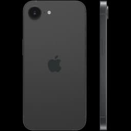 iPhone 17e negro con cuerpo de aluminio, bordes planos, cámara trasera única con flash, logo Apple centrado y perfil delgado con botones laterales