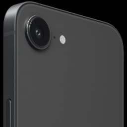 Detalle trasero del iPhone 17e negro 256GB con cámara única grande, flash LED y acabado mate; bordes rectos y botón lateral visible; pantalla OLED A19