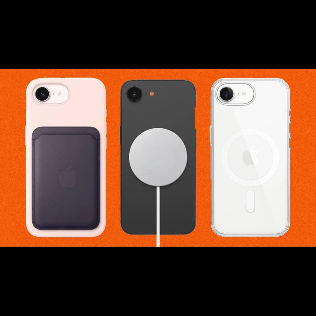 iPhone 17e 256GB negro con pantalla OLED, cámara trasera única, compatible con MagSafe; muestra fundas en rosa y transparente y cargador magnético circular