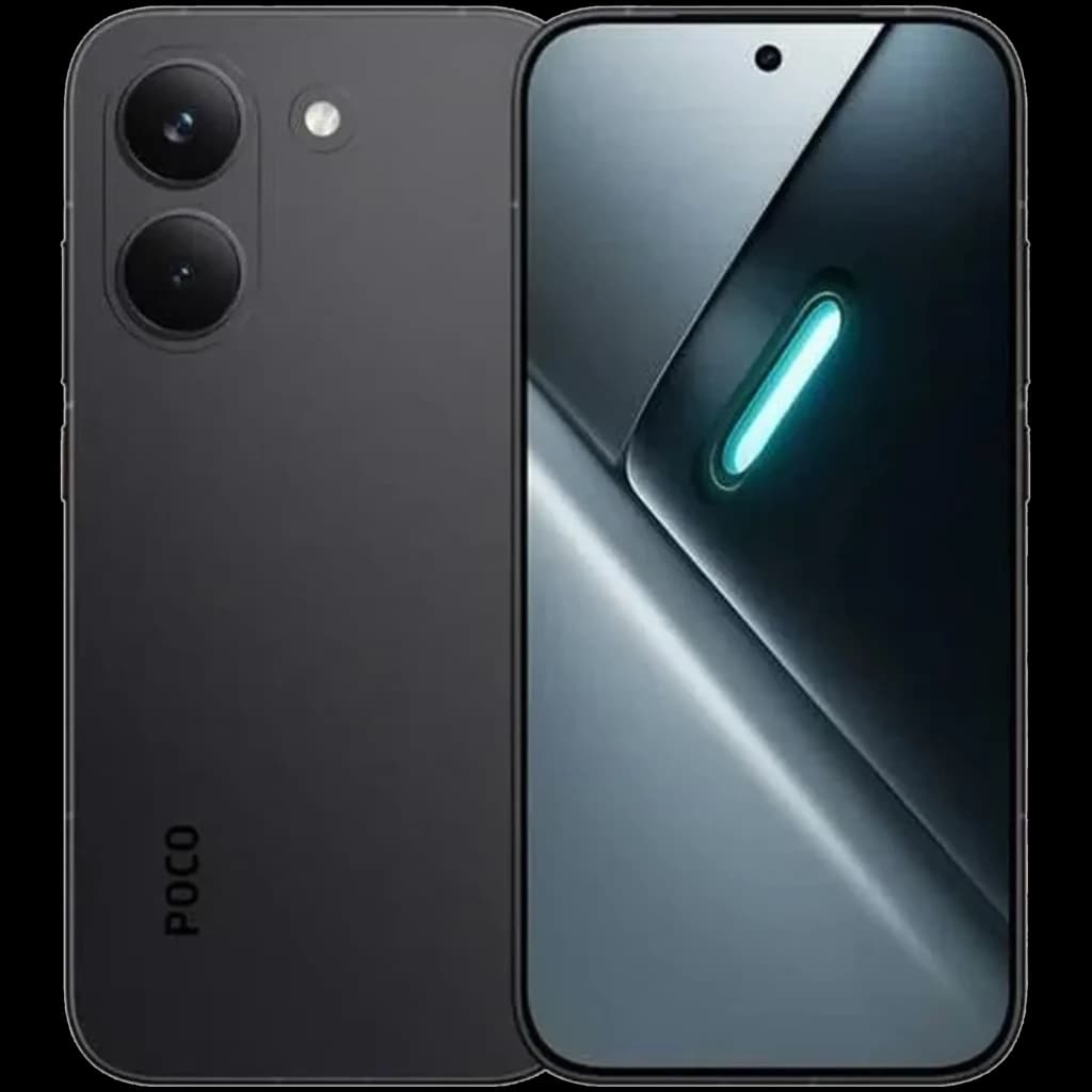Xiaomi Poco X8 Pro 5G negro con pantalla perforada centrada, módulo trasero dual grande, acabado mate y borde curvo; diseño moderno y minimalista