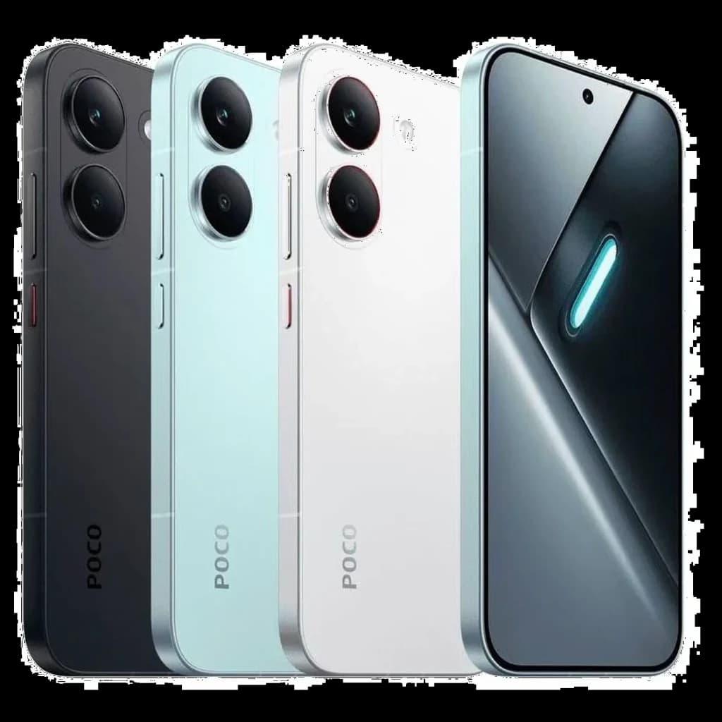 Xiaomi Poco X8 Pro 5G en negro, blanco y azul; triple cámara trasera dual anilla, frontal perforada centrada, bordes planos metálicos y pantalla sin marcos