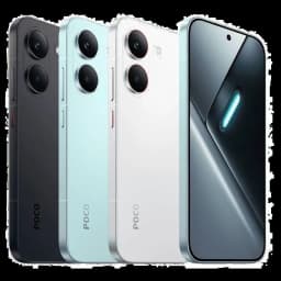 Xiaomi Poco X8 Pro 5G en negro, blanco y azul; triple cámara trasera dual anilla, frontal perforada centrada, bordes planos metálicos y pantalla sin marcos