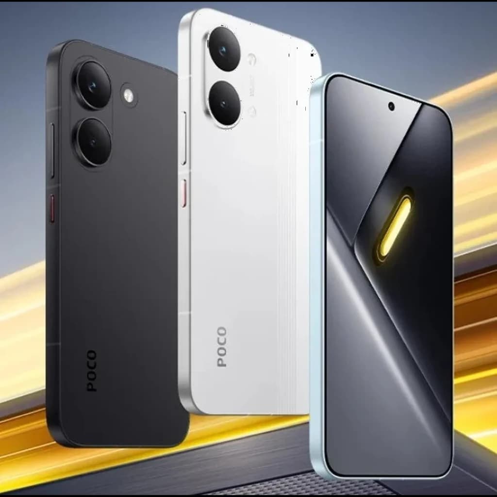 Smartphone Xiaomi Poco X8 Pro 5G negro y blanco con pantalla borde a borde y perforación central, doble cámara trasera grande y diseño minimalista moderno