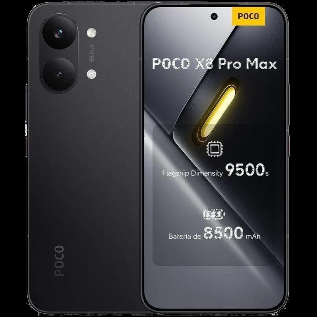 Xiaomi Poco X8 Pro Max 5G negro con pantalla Flow AMOLED 6.83, doble cámara trasera, selfie en orificio central y batería 8500 mAh; 12GB RAM y 512GB.