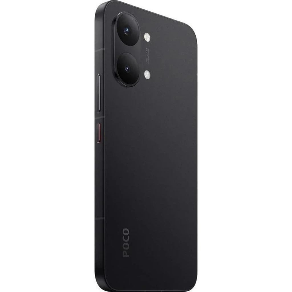 Smartphone preto com duas câmaras traseiras, ecrã AMOLED 6,83 com furo central, molduras finas e detalhe POCO amarelo no topo do ecrã - Item3