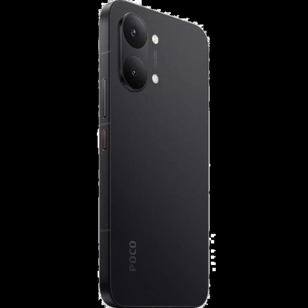 Smartphone negro con acabado mate, bordes rectos y módulo trasero dual de cámaras grandes con flash; lateral con botón rojo destacado y logo POCO discreto
