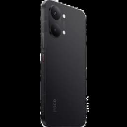 Smartphone negro con acabado mate, bordes rectos y módulo trasero dual de cámaras grandes con flash; lateral con botón rojo destacado y logo POCO discreto