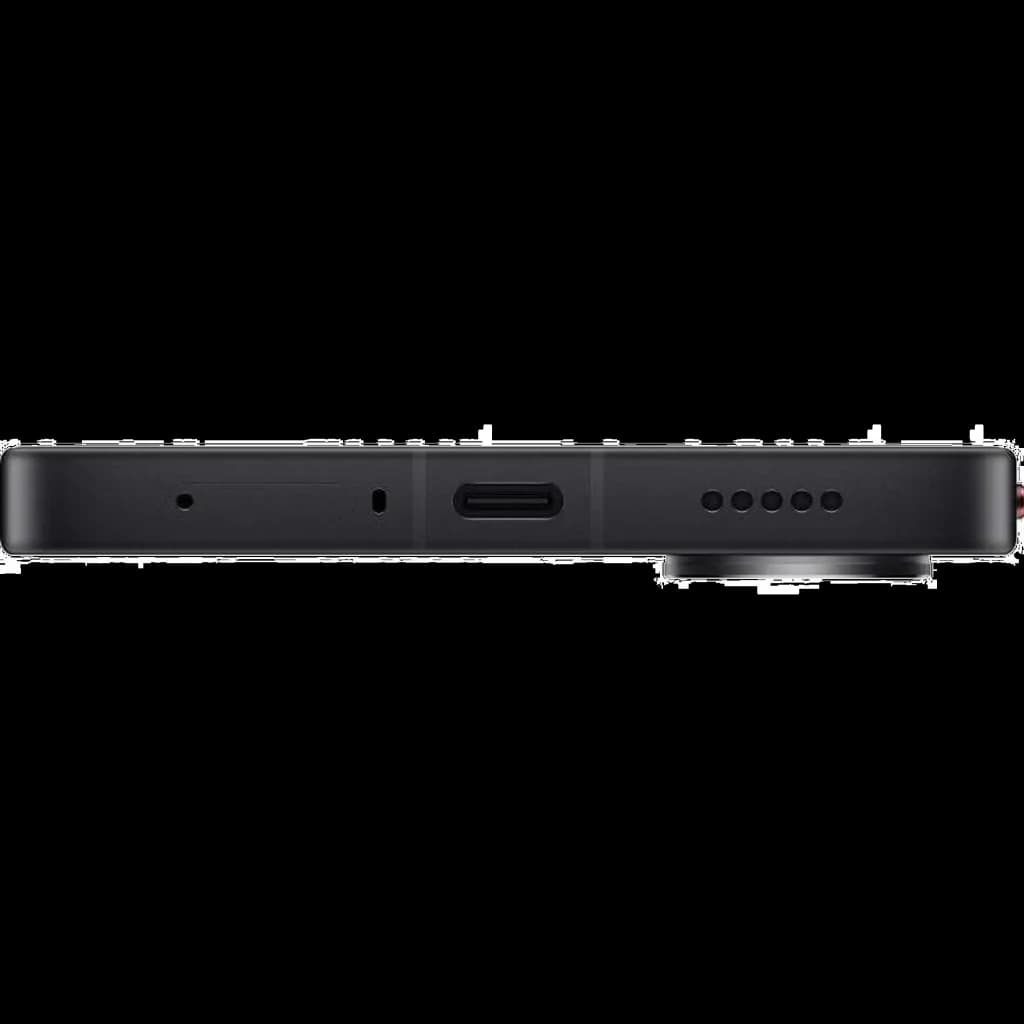 Borde inferior del Xiaomi Poco X8 Pro Max 5G negro con puerto USB-C centrado, micrófonos, rejilla de altavoz y módulo de cámara sobresaliente en el borde