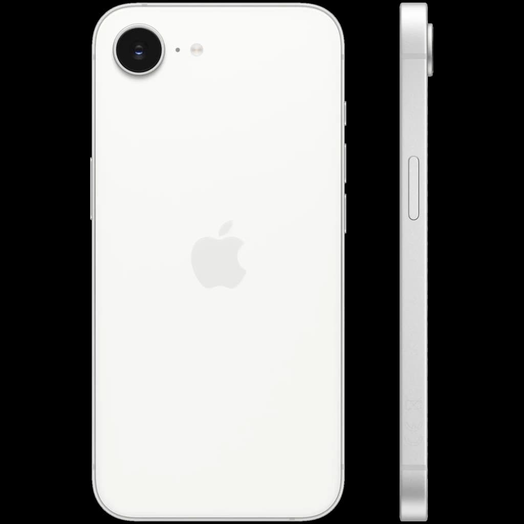 iPhone 17e blanco 256GB con trasera blanca brillante, logo Apple centrado, cámara única con flash y bordes planos plateados con botones laterales