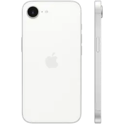 iPhone 17e blanco 256GB con trasera blanca brillante, logo Apple centrado, cámara única con flash y bordes planos plateados con botones laterales
