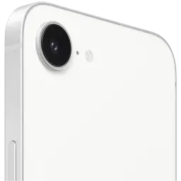 Cámara trasera del iPhone 17e blanco con lente grande y flash LED en esquina superior; borde de aluminio y acabado blanco mate elegante