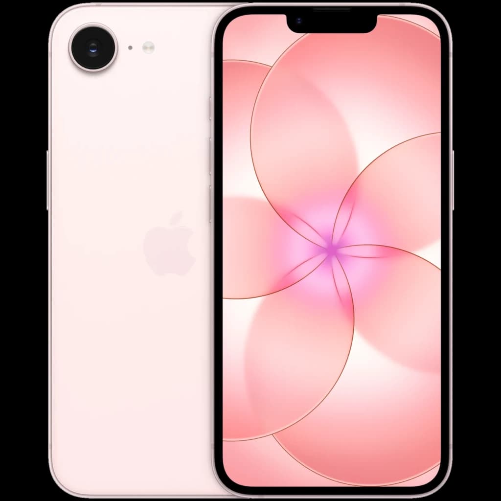 iPhone 17e rosa palo con pantalla de 6.1 pulgadas, biseles delgados y notch superior. Trasera mate con logo Apple y cámara única grande de 48 MPx.