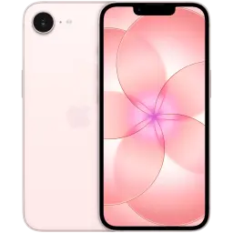 iPhone 17e rosa palo con pantalla de 6.1 pulgadas, biseles delgados y notch superior. Trasera mate con logo Apple y cámara única grande de 48 MPx.