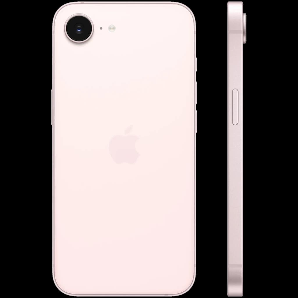 iPhone 17e rosa palo con carcasa trasera lisa, logo Apple centrado, una cámara trasera con flash; marco lateral delgado con botones y bandeja SIM