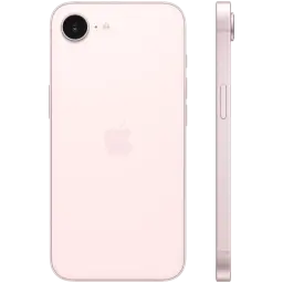 iPhone 17e rosa palo con carcasa trasera lisa, logo Apple centrado, una cámara trasera con flash; marco lateral delgado con botones y bandeja SIM
