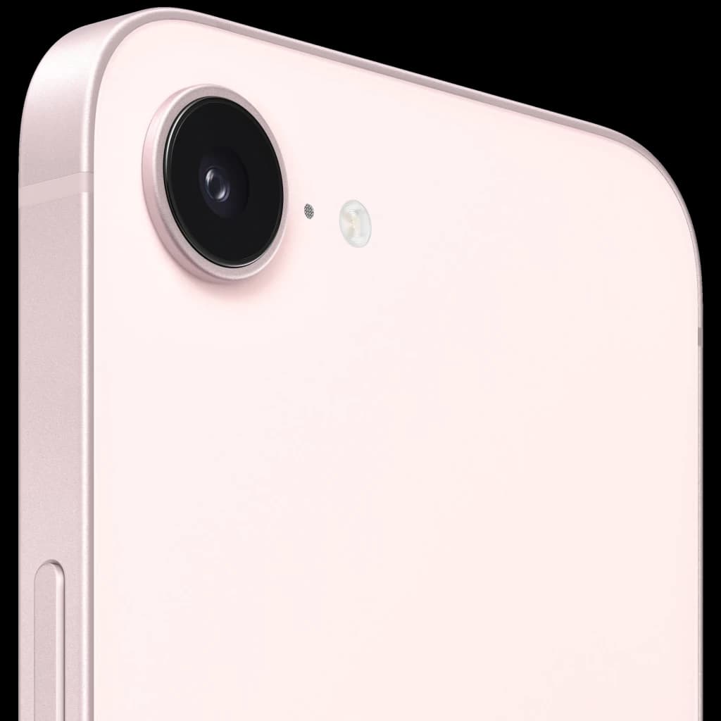 Esquina trasera del iPhone 17e rosa palo con cámara Fusión de 48 MPx y flash; acabado metálico suave y bordes redondeados en pantalla de 6.1 pulgadas
